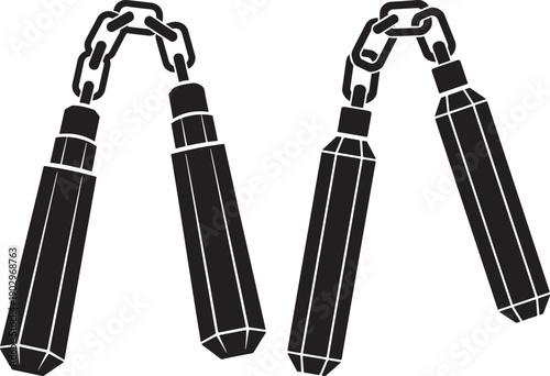 Pair of black nunchaku weapons, representing martial arts, combat, and self-defense.