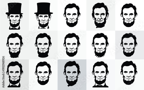 Abraham lincoln faces in various expressions and styles on gray backgrounds