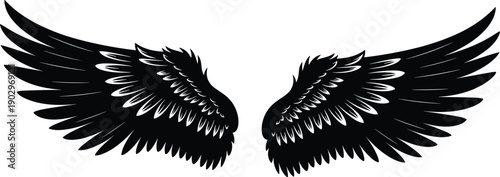 Black and white spread eagle wings vector illustration in hand drawn vintage style for tattoo design motorcycle emblem apparel print and heraldic logo (