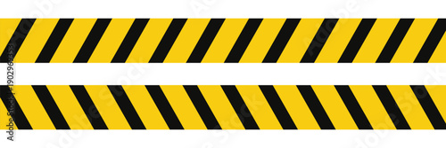 Warning tape with yellow and black diagonal stripes. Warn stop seamless line. Yellow and black caution tape border eps 10