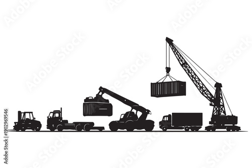 Harbor Vehicle Fleet Silhouette Side View Multiple Port Machines Aligned