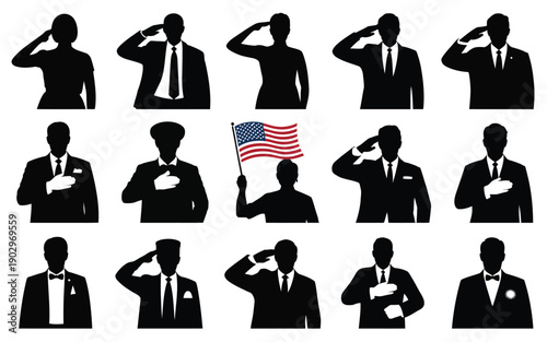 Collection of silhouetted men in suits saluting with american flag patriotism and loyalty concept