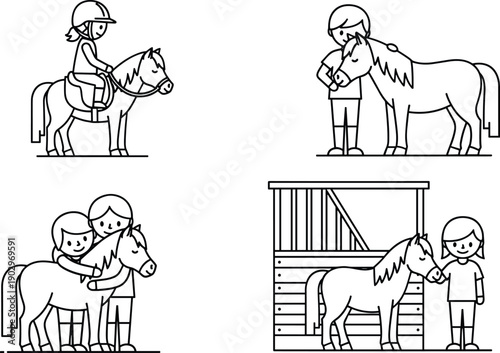 Children and pony interaction line art illustration set showing horseback riding, animal care, friendship, farm activities, kids bonding with horses, education, and outdoor leisure concept