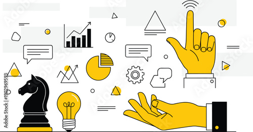 Business strategy and creative decision making concept illustration with analytics charts, idea light bulb, chess knight, hand gestures, data visualization, innovation thinking, and modern management