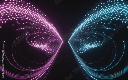 Abstract digital streams of light particles flowing towards each other in a futuristic, high-tech, dark background, representing data transfer or network connectivity