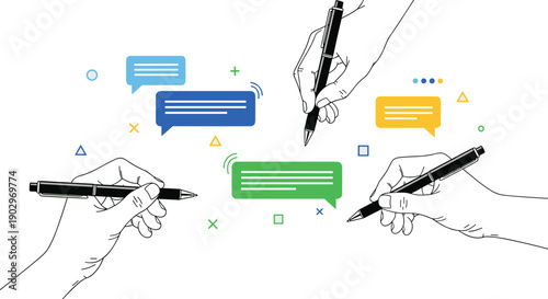 Creative writing and communication concept illustration with hands holding pens, colorful chat bubbles, idea sharing, collaboration, messaging workflow, content creation, and modern digital