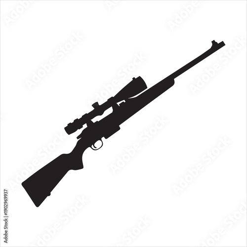 silhouette rifle vector with scope and trigger on checkered grayscale pattern background, hunting and tactical weapon icon