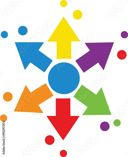 Direction and choice concept illustration with colorful arrows pointing different ways around central circle, decision making, strategy planning, options selection, navigation, and abstract