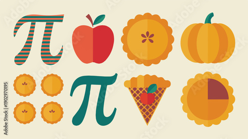 Pi Day flat minimalist vector illustrations with Pi symbols, fruit pies, apples, and pumpkins, perfect for educational and festive graphics
