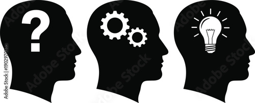 Human head silhouette vector illustration with question mark, gears, and light bulb, problem-solving concept, idea generation design graphic