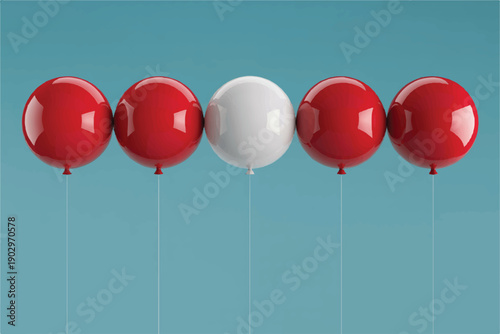 Minimalist illustration of a white balloon standing out from red balloons, symbolizing individuality, uniqueness, and distinction in a group