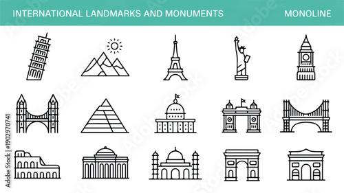 Collection of International Famous Landmarks and Monuments in a Minimalist Monoline Icon Style for Travel and Architecture Themes