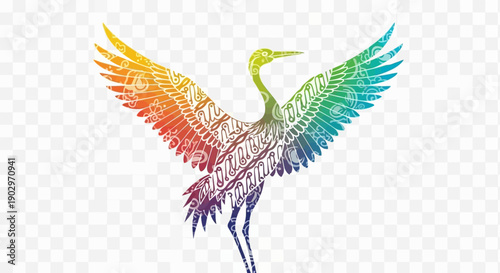 Vibrant rainbow crane with ornate batik-inspired patterns and gracefully spread wings a symbol of