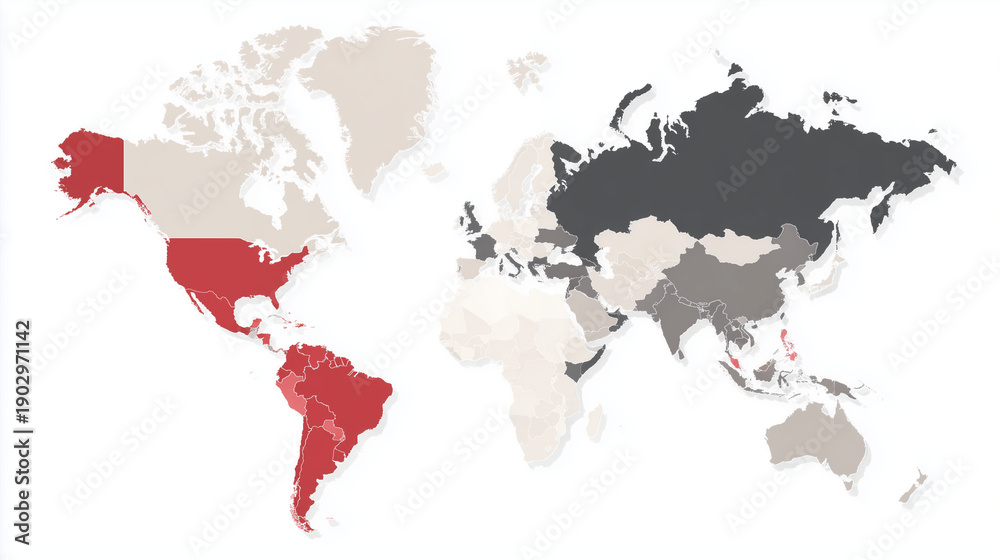 Fototapeta premium world map, Europe highlighted, South America highlighted, red regions, global connection, international market, geography, continent map, global business, infographics, gray background, travel concept