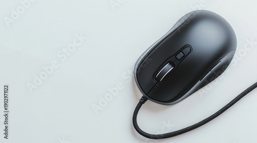 Black wired computer mouse with coiled cable on white surface