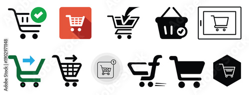 Shopping cart icons set with e-commerce symbols flat design vector illustration