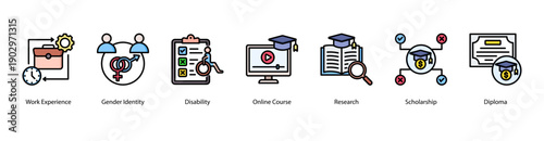Inclusive Academic Research web banner icon vector illustration featuring Work Experience, Gender Identity, Disability, Online Course, Research, Scholarship, and Diploma.