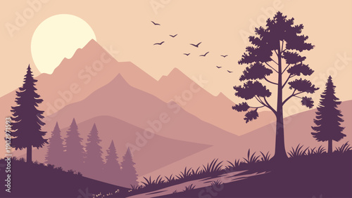 Serene mountain landscape silhouette at sunrise or sunset with flying birds