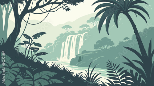 Lush jungle scene with towering palm trees framing a serene natural waterfall landscape
