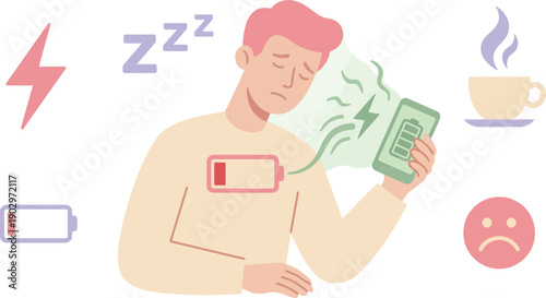 Modern flat illustration of an exhausted man, low on energy, attempting to recharge via smartphone, showing digital burnout and modern fatigue