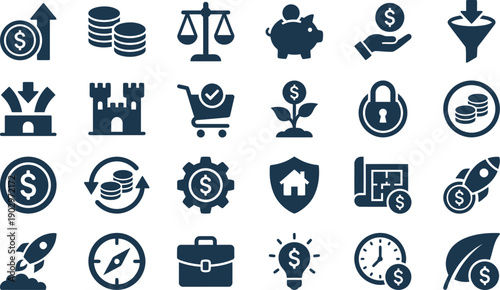 Comprehensive collection of monochrome vector icons illustrating financial growth, investment, business strategy, and secure money management concepts for modern digital design
