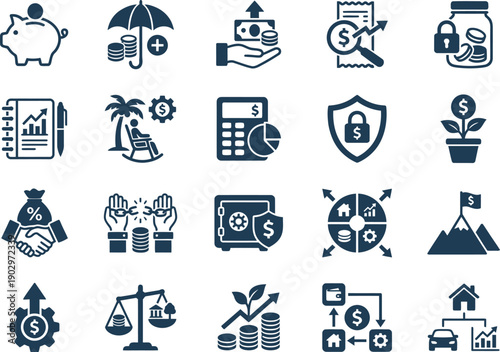 Comprehensive collection of financial management, investment, and economic security icons, perfect for business planning and personal finance strategies