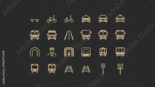 A collection of 20 minimalist line art icons representing various modes of transportation and infrastructure elements