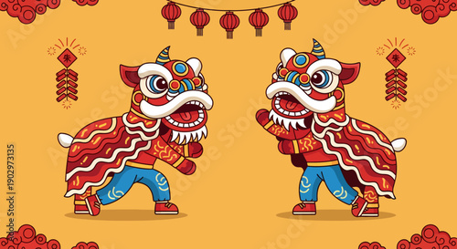 Lion Dance Performance with Lanterns and Decorations