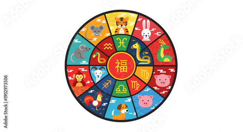 Colorful Chinese Zodiac Wheel with Animals.