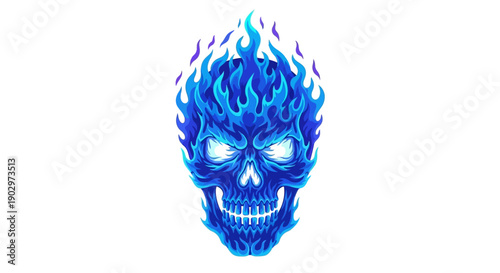 Vector illustration of an intense blue flaming skull with glowing eyes digital art