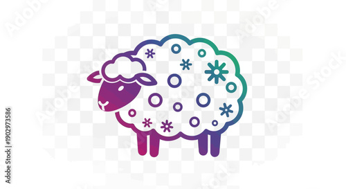 Colorful gradient sheep icon with whimsical snowflake and circle patterns perfect for winter