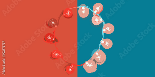Colorful string lights diagonally cross a split red and teal background