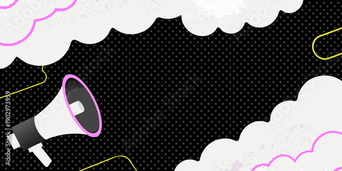 A pink megaphone announces from amidst white clouds on a black background