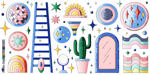 Colorful whimsical sticker set featuring celestial and desert inspired illustrations
