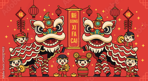 Chinese Lion Dance Performance with Children and Lanterns for Chinese New Year