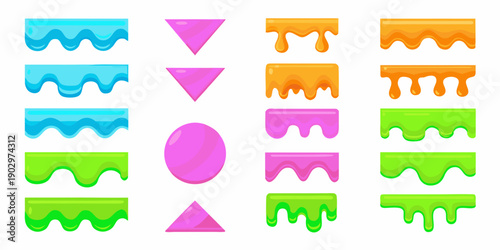 Colorful slime shapes and a purple oval arranged in a grid pattern