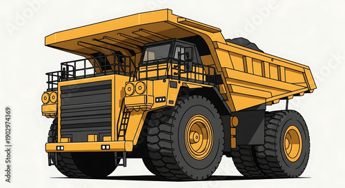 Large yellow mining dump truck with black tires and metal railings on a white background