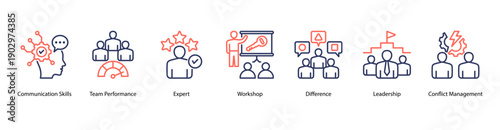 Leadership Skills web banner vector illustration featuring Communication Skills, Team Performance, Expert, Workshop, Difference, Leadership, and Conflict Management.