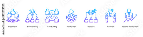 Team Development web banner vector illustration featuring Expert Team, Brainstorming, Team Building, Development, Objective, Teamwork, and Personal Development.