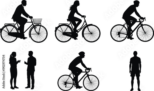 People cycling silhouette set with men and women riding bicycles and standing, illustrating urban transport, healthy lifestyle, eco mobility, commuting, outdoor activity, and modern city life