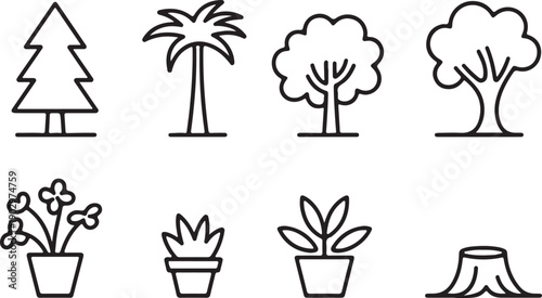 Set of eight black and white tree and plant collection
