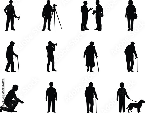People silhouette collection showing men and women in daily activities, professions, photography, communication, walking pets, and aging lifestyle scenes for modern social concepts