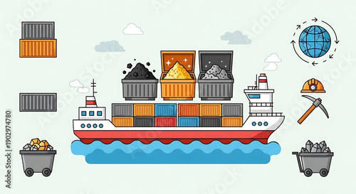 Global shipping of raw materials and bulk cargo by ship, featuring industrial logistics, mining elements, and an international supply chain. Modern flat vector illustration
