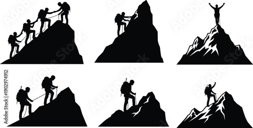 Mountain climbing silhouette set with hikers reaching summit, symbolizing teamwork, leadership, success, challenge, goal achievement, adventure spirit, and personal growth motivation concept