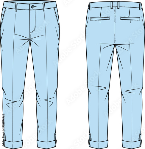 Technical pants fashion illustration showing front and back flat sketch, slim fit cuffed trousers design for menswear apparel manufacturing and pattern development