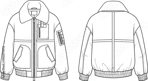 Technical bomber jacket fashion illustration, front and back flat sketch with zipper and ribbed cuffs, modern outerwear design for apparel manufacturing and production