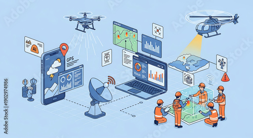 Construction team using technology for site management with drones and laptops on a blue background