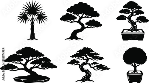 Tree silhouette and bonsai collection featuring various ornamental plants in minimalist black vector style for nature, garden design, zen decor, and botanical illustration use