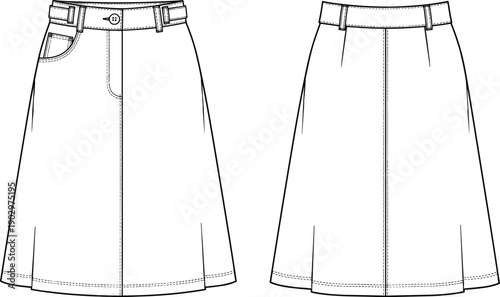 Women's A-line skirt technical fashion illustration showing front and back views, flat design line drawing, apparel template, modern casual clothing concept isolated on white