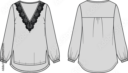 Women long sleeve blouse technical fashion illustration with lace v neckline, curved hem, elastic cuffs, front and back flat garment design
